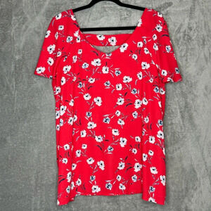 Emaline 2X Shirt Top Red Floral Flower Cap Short Sleeve V Neck Cutout Back